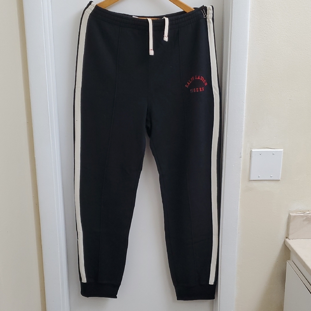 Ralph Lauren Black and White Men's Joggers with Sporty Stripes Size M